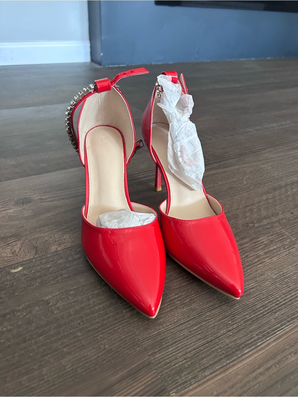SHEIN Red Patent Pointed-Toe Stiletto Heels with Ankle Chain